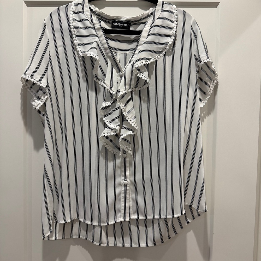 Romantic Feminine Karl Lagerfeld Paris Striped Ruffle Blouse XL Pearl Trim